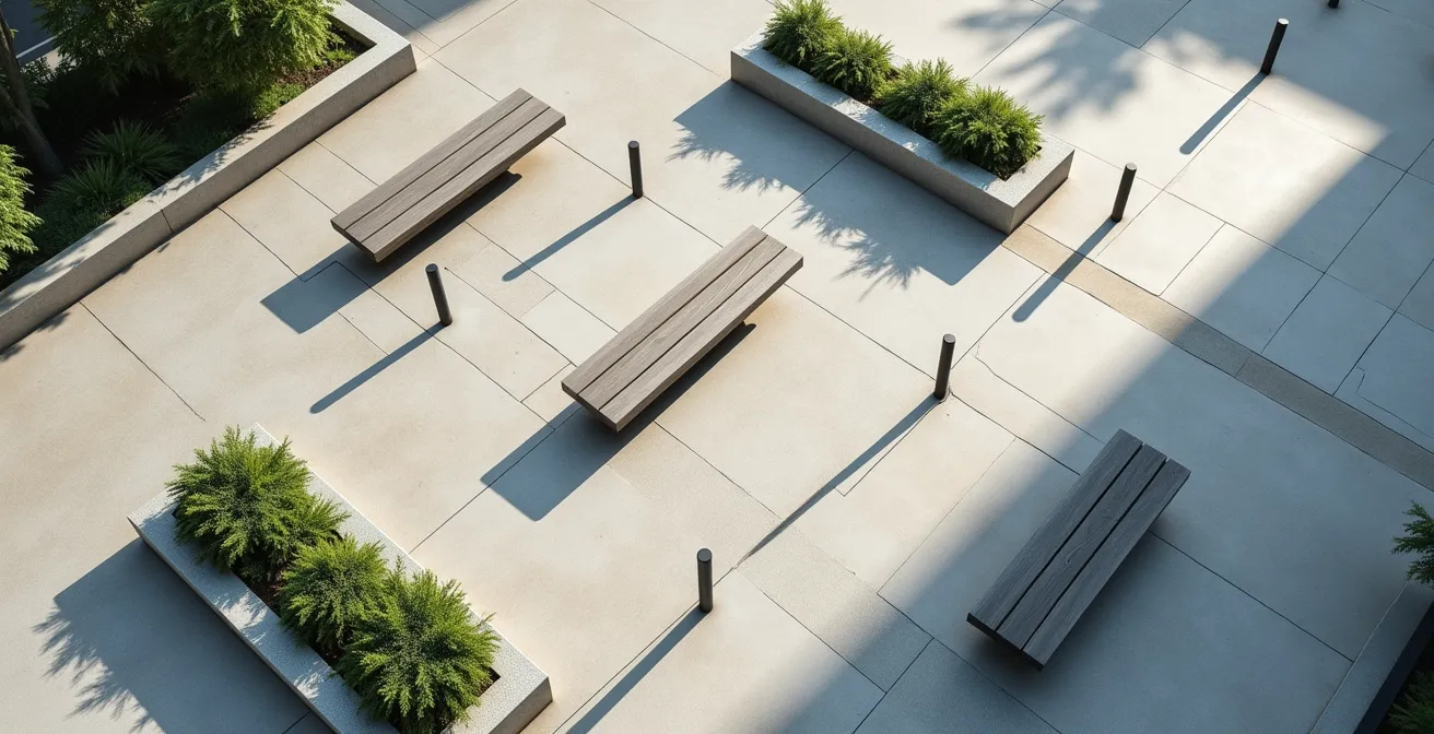 Aerial view of interconnected urban furniture creating flow patterns