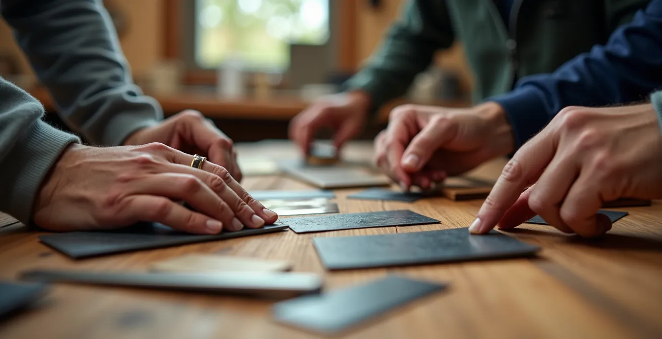 Close-up of diverse hands examining material samples on wooden table