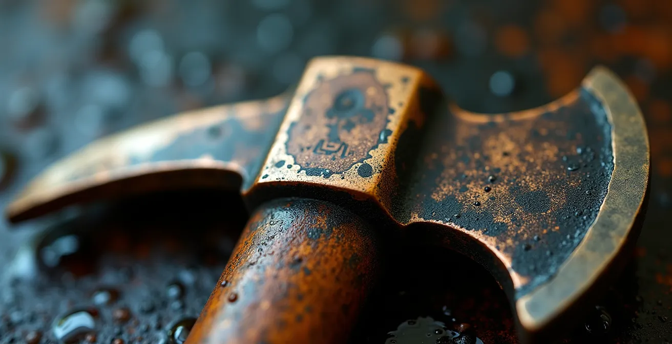 Extreme close-up of weathered metal and composite material junction showing durability